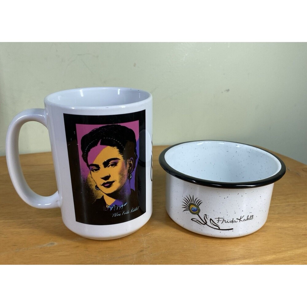 Frida Kahlo Enamel Splatter Metal Camping Bowl & Ceramic Coffee Mugs Mexico